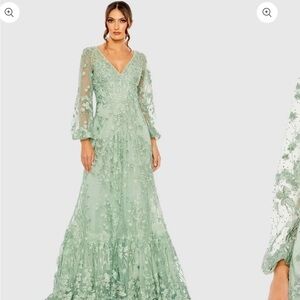 Mac Duggal Green Lace Long Sleeve Dress